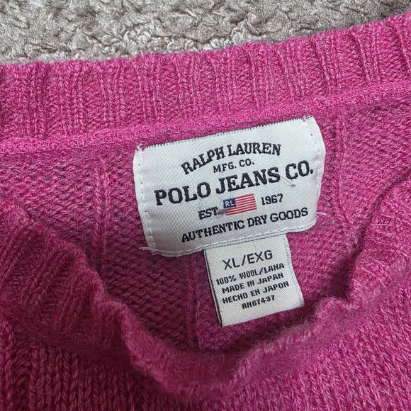 Ralph Lauren Polo Jeans Co Wool Cable Knit Sweater Pink XL Japan Elbow Patches - Picture 8 of 12